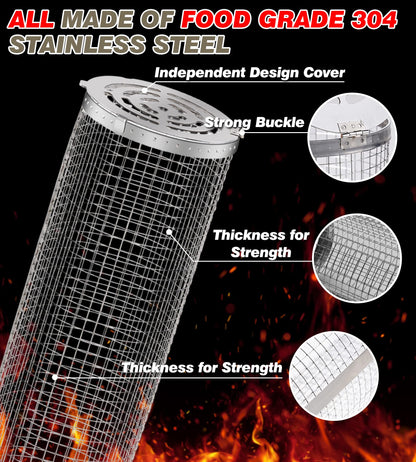 Rolling Grilling Baskets for Outdoor Grill Bbq Net Tube Stainless Steel Large Round Mesh Rotation Barbecue Cylinder Cage Cooking Accessories for Veggies Vegetable Fish Meat Food Camping, Gift for Men