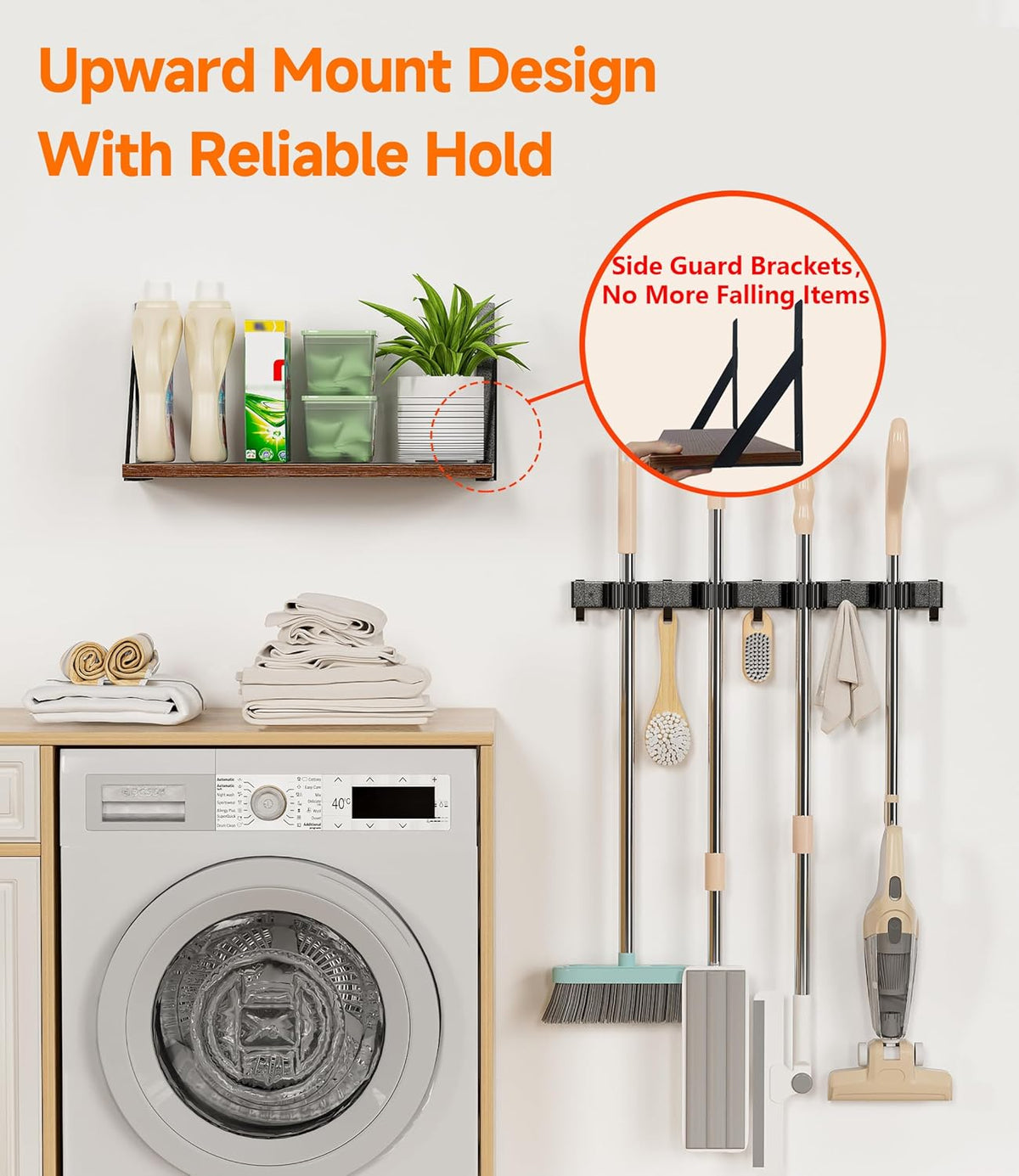 Skiennix Broom Holder Wall Mount - Space-Saving Organizer with 8 Slots & 10 Hooks | Ideal for Laundry Room & Garage