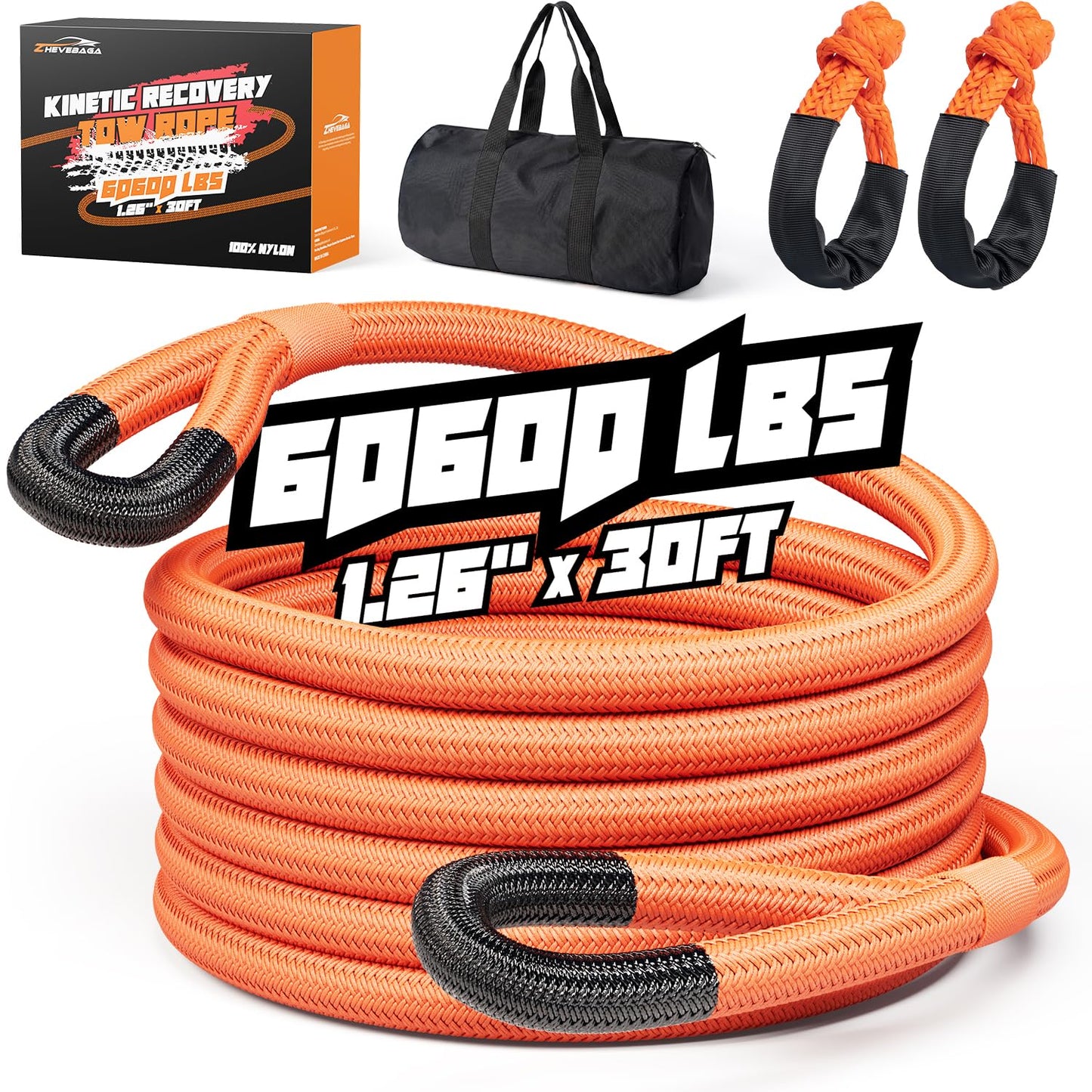 Kinetic Recovery Rope,1.26" x30ft Heavy Duty Offroad Tow Rope/60600 lbs Snatch Strap with Soft Shackles, 100% Nylon Offroad Towing Straps Kit for Truck ATV UTV SUV Jeep Car Tractor - Orange