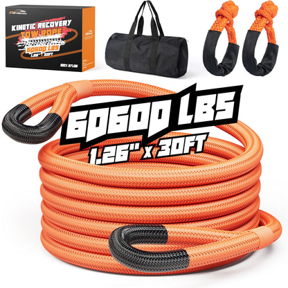 Kinetic Recovery Rope,1.26" x30ft Heavy Duty Offroad Tow Rope/60600 lbs Snatch Strap with Soft Shackles, 100% Nylon Offroad Towing Straps Kit for Truck ATV UTV SUV Jeep Car Tractor - Orange