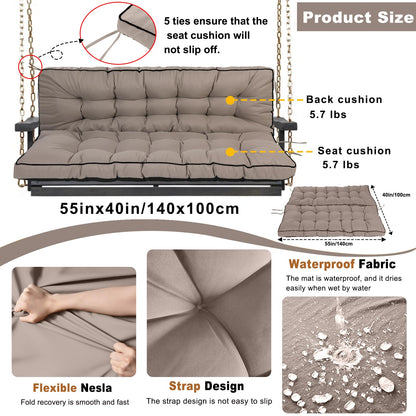 HIYEN Porch Swing Cushions 3 Seater Replacement, Waterproof Bench Cushions for Outdoor Furniture with Backrest, 4" Thickened Patio Swing Cushion with Ties (Khaki, 55 * 40 inch)