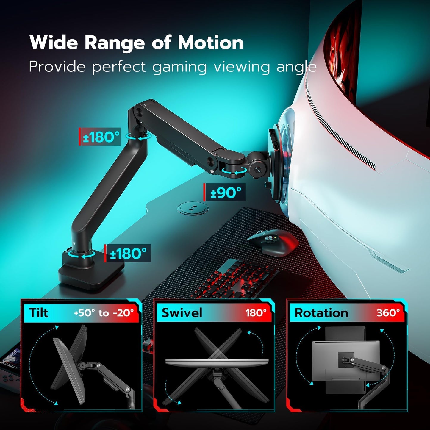 ARES WING Ultrawide Monitor Arm for 17 to 49 Inch Heavy Duty Curved Screen, Holds 44 Lbs, Adjustable Gas Spring Monitor Arm Desk Mount with C Clamp, Grommet Base, 75/100 Vesa Mount, Black