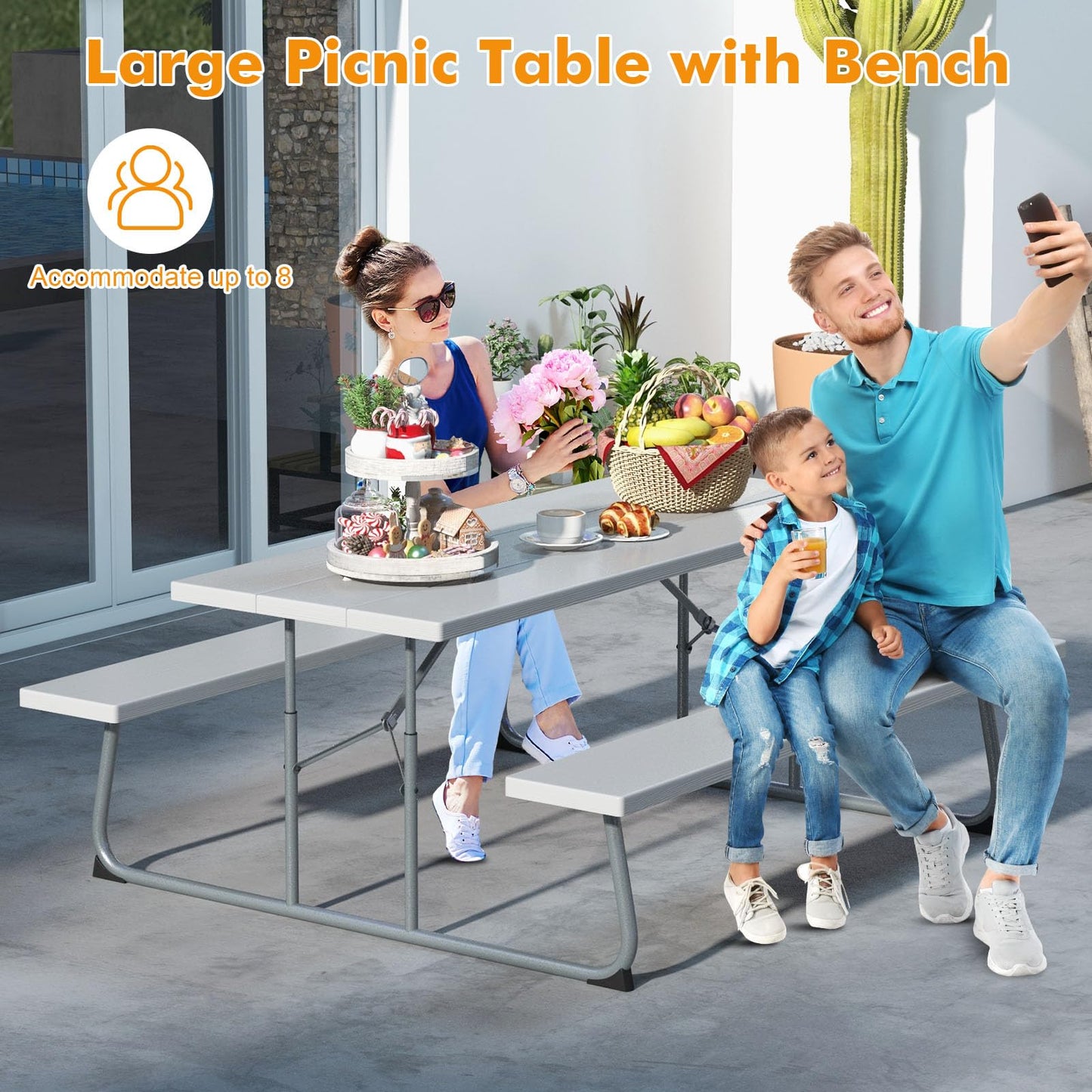 Tangkula 6 Ft Folding Picnic Table, Outdoor 8 Person Large Picnic Table Set with 2 Built-in Benches, Umbrella Hole, Metal Frame & HDPE Tabletop for Garden, Backyard (Grey)