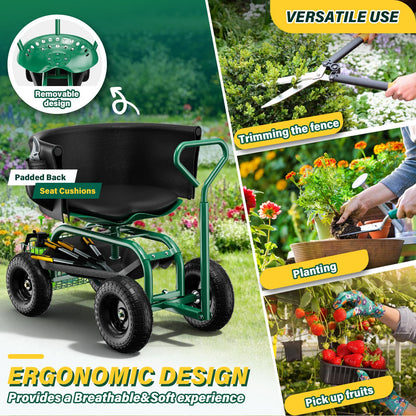 Baotree Garden Seat with Wheels, Rolling Garden Stool with Adjustable 360°Swivel Seat, Storage Basket & Extendable Handle, Outdoor Gardening Scooter, Garden Cart Workseat Stools for Seniors