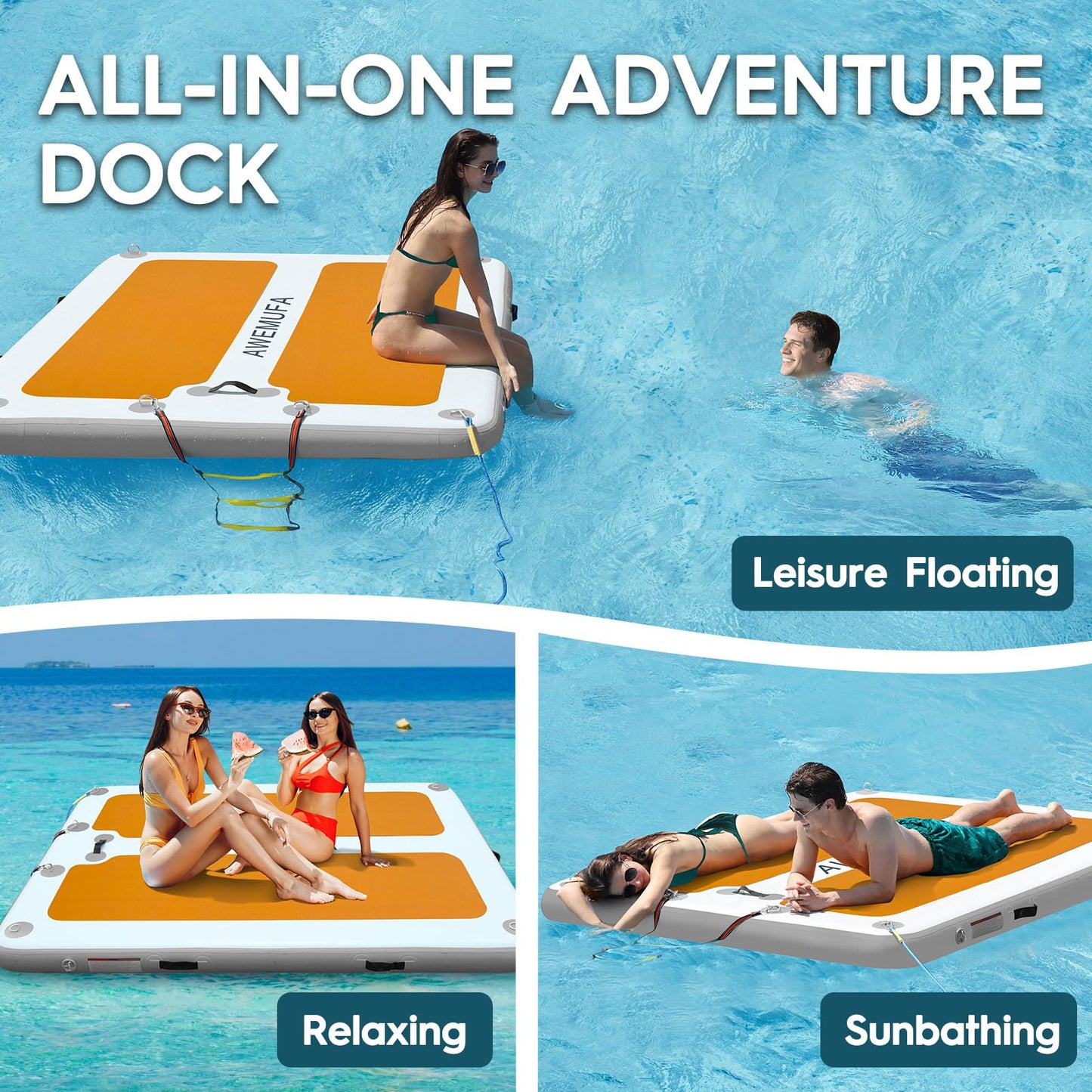 AWEMUFA 8ft x 6.6ft x 8inches Floating Dock with Non-Slip Surface, Inflatable Dock Floating Platform Water Mat Floating Island Raft for Lake Pool Beach Ocean