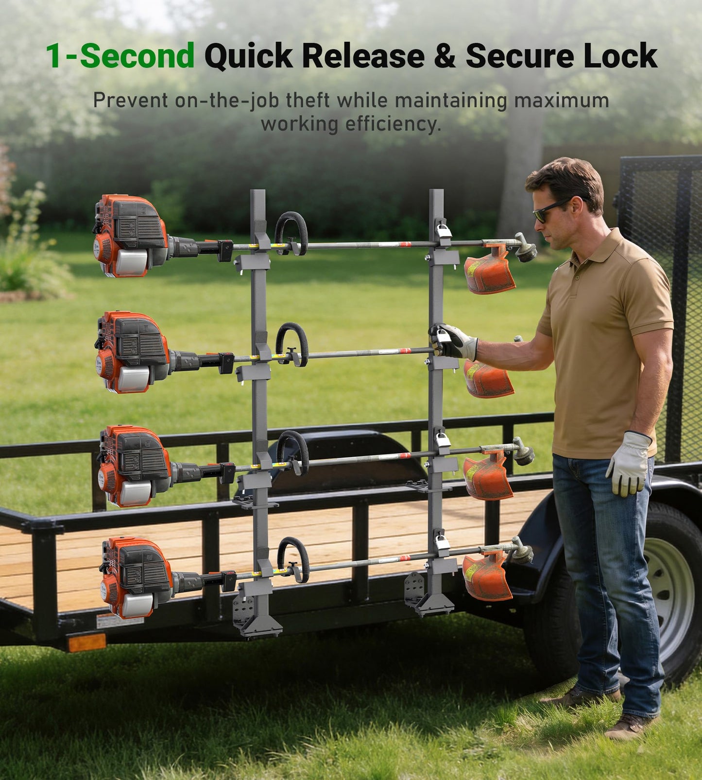 ELITEWILL Weedeater Rack for Open/Enclosed Trailers, Heavy-Duty 4 Place Commercial Trimmer Rack for Trailer Work Landscape Truck Holder Trailer Equipment Accessories Weed Eater Racks w/Lock