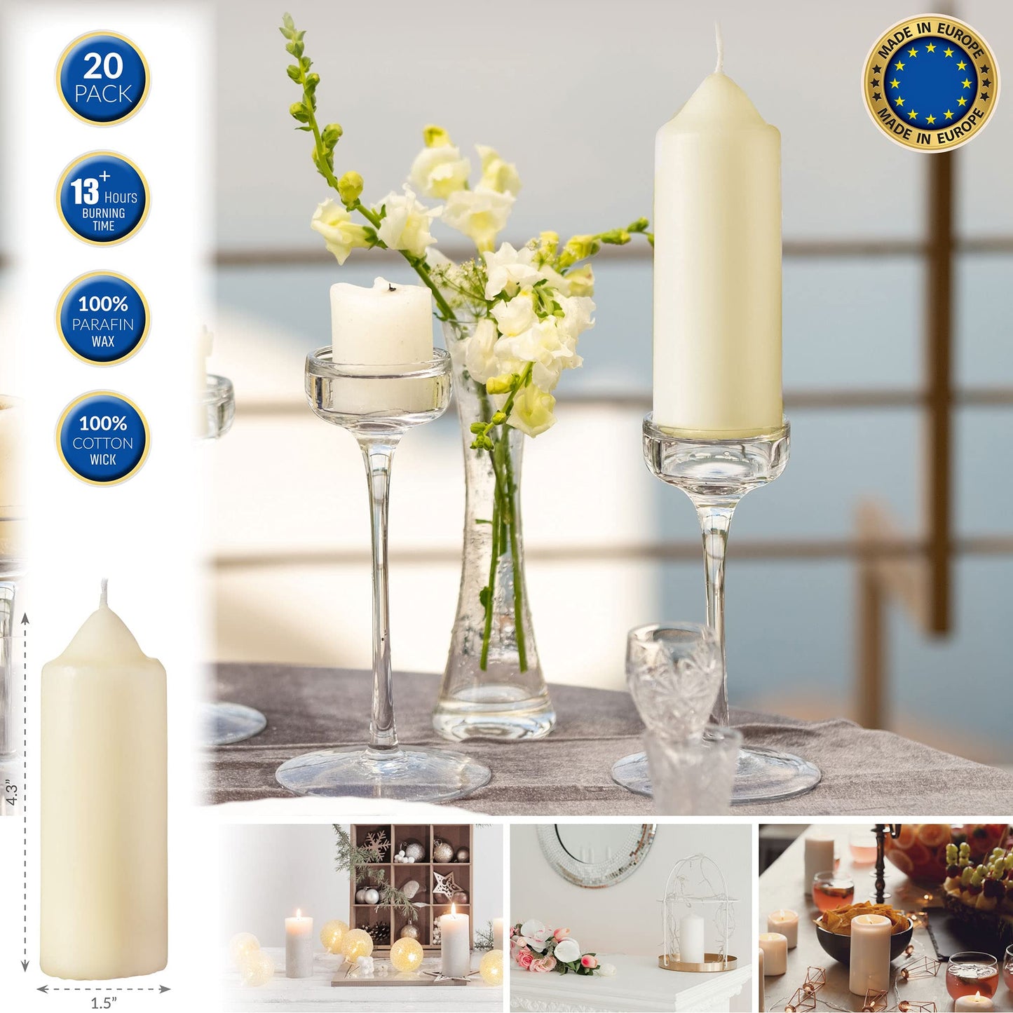 SPAAS Ivory Pillar Candles - 20 Pack | 1.5x4 Inch Bulk, Dripless Dinner Candles | Unscented for Home Decor, Memorial, Vigil, Parties, Wedding, Decorative Lantern