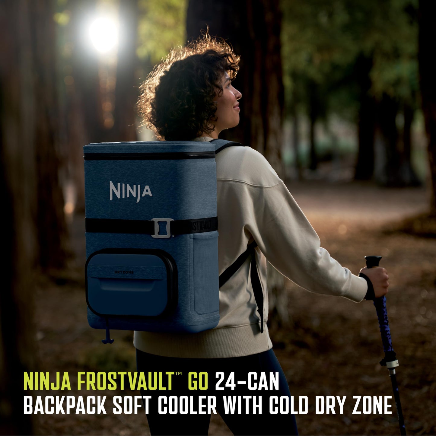 Ninja Backpack Cooler | FrostVault Go 24 Can Soft Cooler | Leakproof Zipper with Built in Can Opener, 2 Ice Packs & Dry Storage Drawer | for Hiking, Camping & More | Luminous Blue | FF124CY