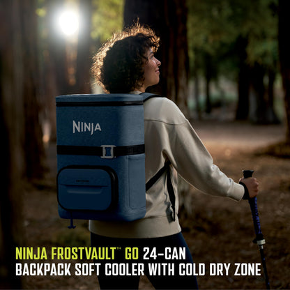 Ninja Backpack Cooler | FrostVault Go 24 Can Soft Cooler | Leakproof Zipper with Built in Can Opener, 2 Ice Packs & Dry Storage Drawer | for Hiking, Camping & More | Luminous Blue | FF124CY