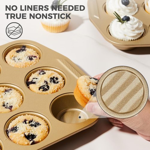 HONGBAKE 9-Piece Non-Stick Baking Pans Set - Wave Texture for Reduced Oil | Durable 0.8mm Bakeware in Gold