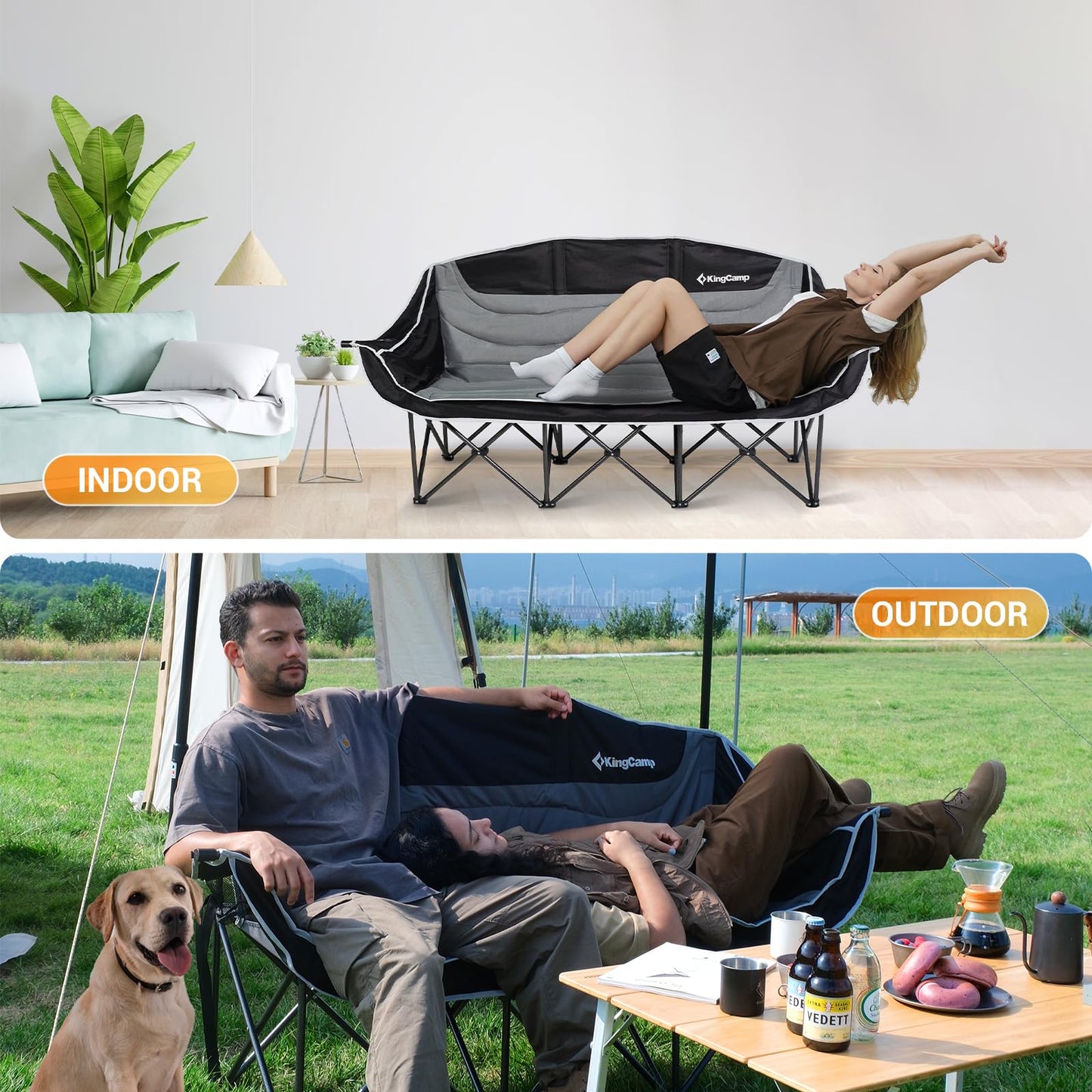 KingCamp 3 Person Camping Chair, Oversized 1100lbs Heavy Duty Loveseat for Adults Portable Folding XL 2 Person Couch Padded Comfortable Three Seat with Cup Holder for Outdoor Lawn Backyard, Black/Grey