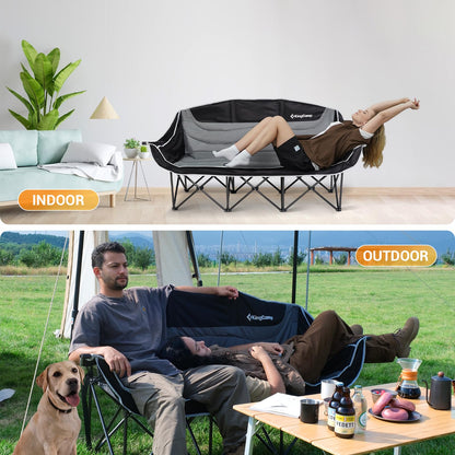KingCamp 3 Person Camping Chair, Oversized 1100lbs Heavy Duty Loveseat for Adults Portable Folding XL 2 Person Couch Padded Comfortable Three Seat with Cup Holder for Outdoor Lawn Backyard, Black/Grey