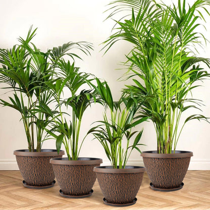 Nooulap 4 Pack Flower Pots Outdoor, 10 Inch Plant Pot with Drainage Hole & Tray, Thickened Plastic Planters for Indoor Outdoor Plants, Lightweight Brown Decorative Garden Pot with Saucer