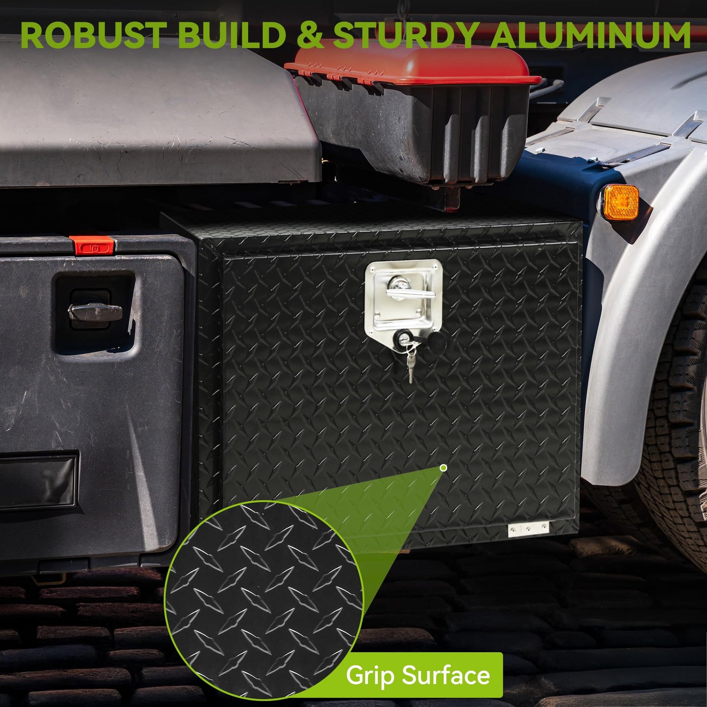 AUTOSAVER88 24 Inch Underbody Tool Boxes, Heavy Duty Aluminum Diamond Plate Toolbox Organizer, Waterproof Chest Storage Box with Lock for Trucks, Trailers, RVs, Warehouses, Black