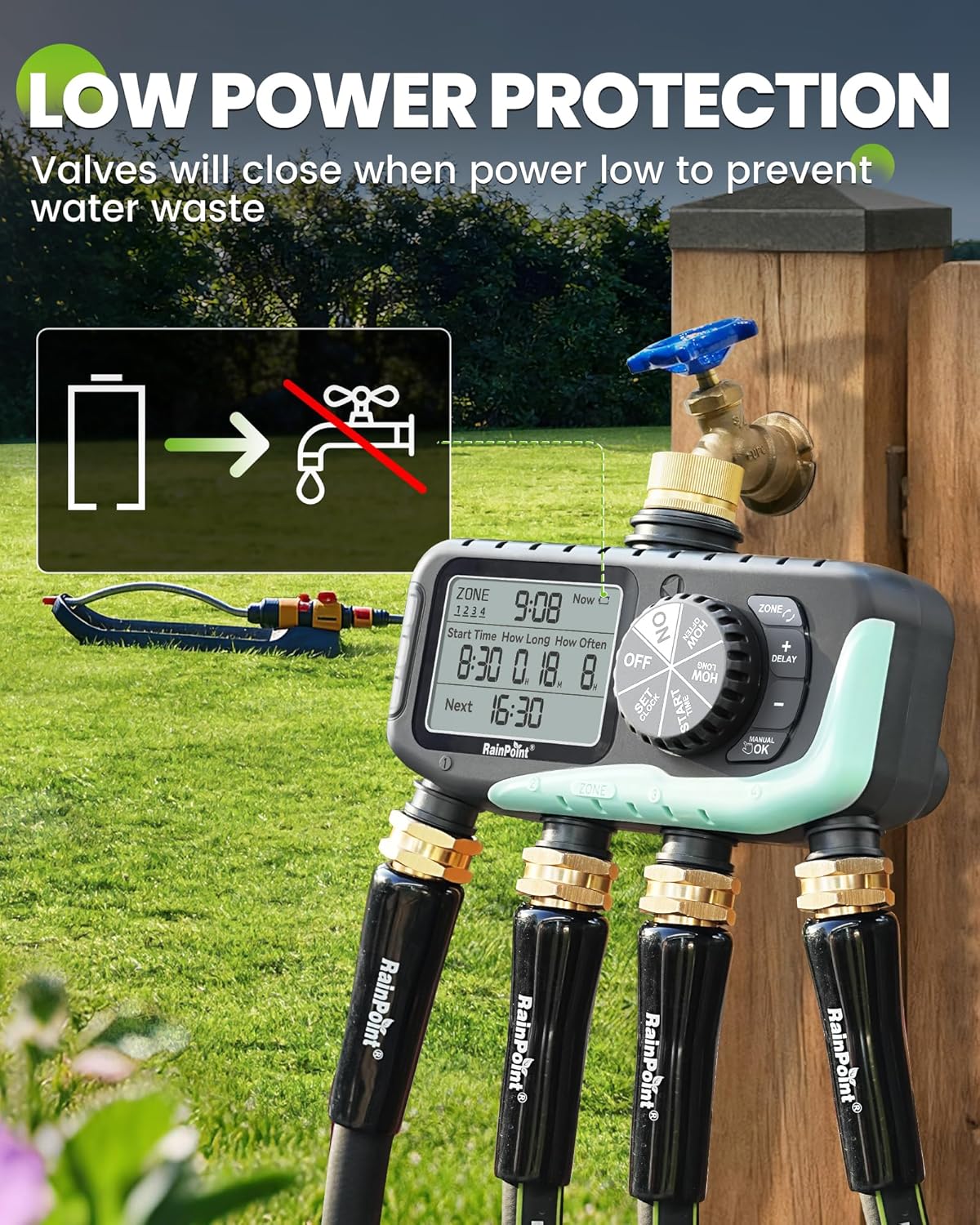 RAINPOINT 4-Zone Sprinkler Timer - Digital Watering System with Rain Delay & Manual Control for Garden Hose