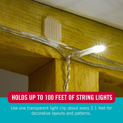 VELCRO Brand Indoor Light Clips for Hanging String Lights, Holds Up to 100 ft, Transparent Peel‑and‑Stick Wall Clips for Any Shape or Configuration, Damage‑Free and Removable, Pack of 48