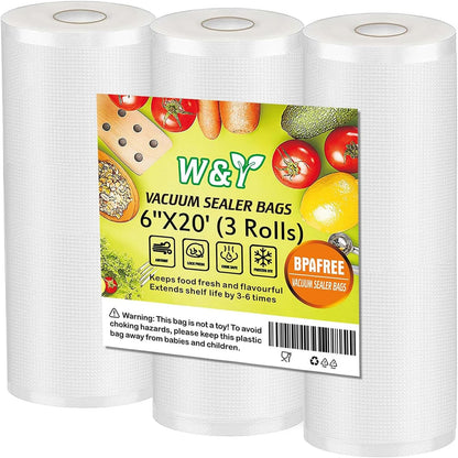 W&Y Vacuum Sealer Rolls - BPA-Free Commercial Grade Embossed Bags | 6” x 20’, 3 Rolls for Food Storage