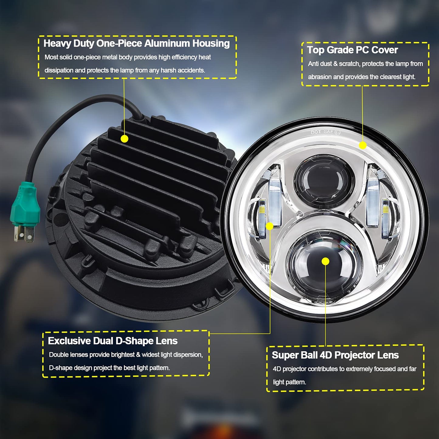 AlyoNed 7 inch Motorcycle LED Headlight 4.5" Fog Passing Lights DOT Kit Compatible with Harley Davidson Fat Boy Street Glide Heritage Softail Road King Switchback Electra Glide Ultra Classic Chrome