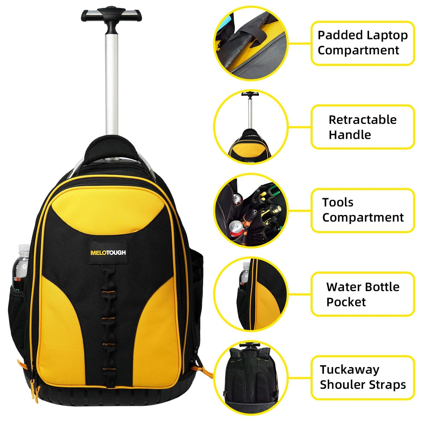Wheeled Rolling Tool Bag Heavy Duty Tool Backpack for Men Tool Organizer Bag Including Laptop Sleeve(Yellow)