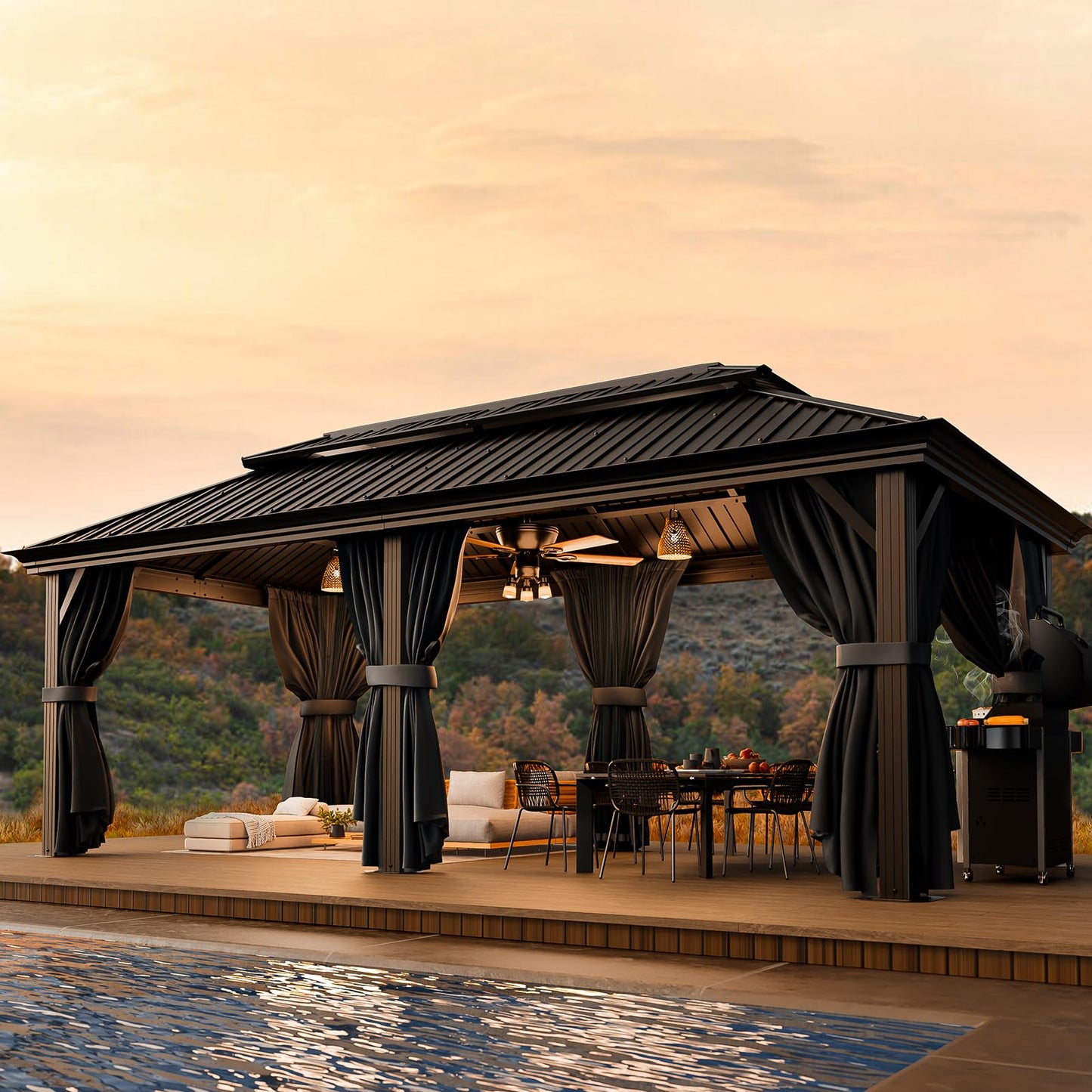 HOTEEL 12x20 Hardtop Gazebo on Clearance with Metal Roof & Gutter, Heavy Duty Galvanized Steel Patio Gazebo with Aluminum Frame, Privacy Curtains and Netting, for All-Weather, Black (2026 Upgraded)