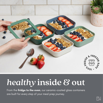 BRIVARA HOME 20-Piece Glass Food Storage Containers Set with Lids (10 Containers + 10 Lids) | Microwave-Safe Airtight Seal, Oven-Safe Ceramic-Coated Glass | Zero Plastic, No PFAS/PFOA/BPA [Crema]
