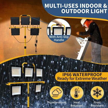 50000LM LED Work Light with Stand, 5-Head Tripod Work Light, IP66 Waterproof Adjustable Telescoping Stand, 3 Modes Portable Light for Construction Site, Garage, Workshop, Job Site, Emergency Lighting