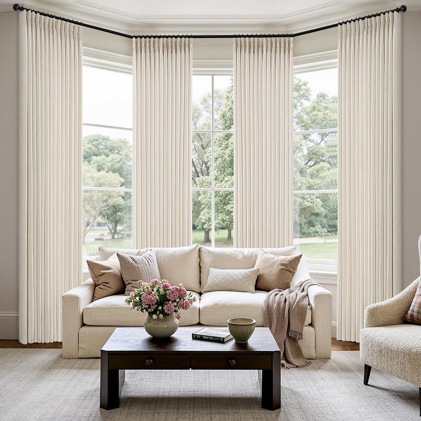 MIULEE Pinch Pleated Linen Curtains - 90-Inch Ivory Cream Semi-Sheer Drapes | 4 Panels for Light Filtering Privacy