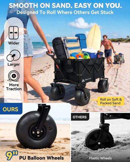 Hikenture Beach Wagon with Balloon Wheels, 9" PU Tires Collapsible Wagon, 440lbs Heavy Duty Beach Cart with Big Wheels for Sand, Large Capacity Utility Wagons Carts Foldable