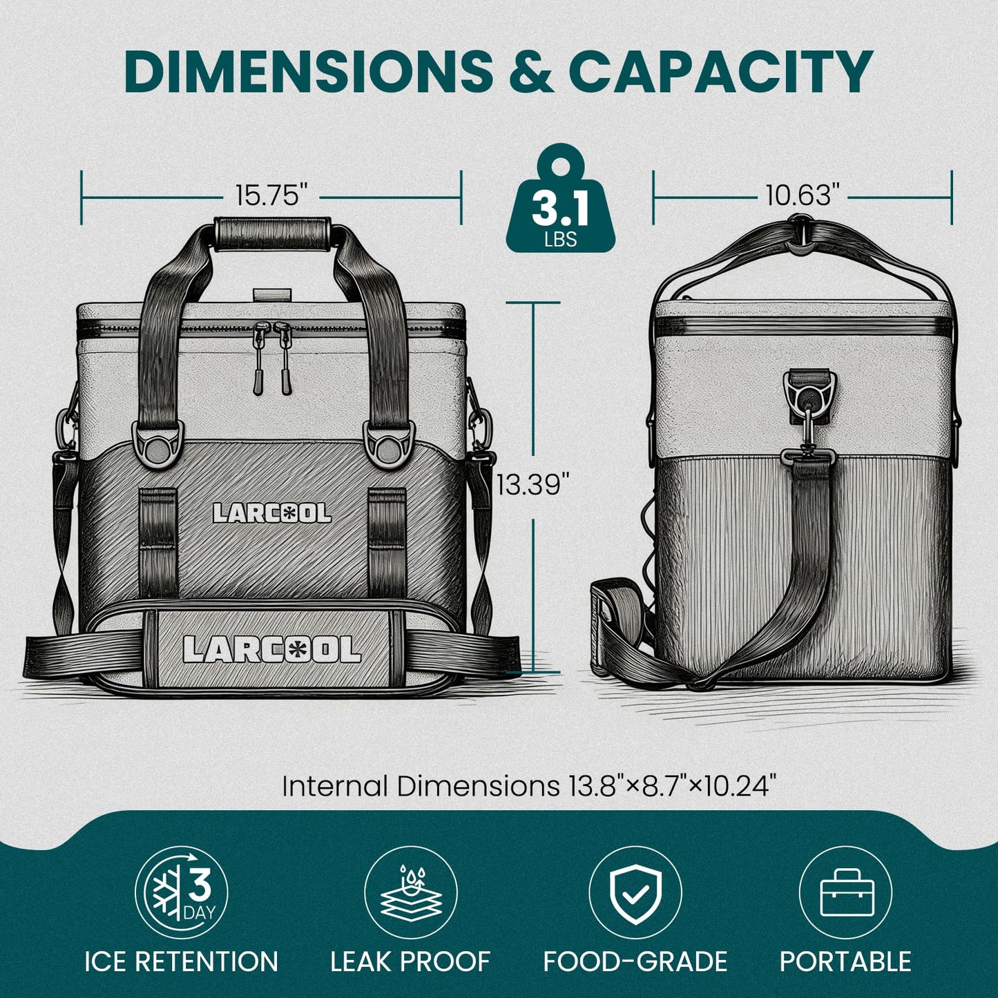 LARCOOL Ultra -Tough 24 Can Soft Cooler Bag | Insulated Waterproof Portable Ice Chest with Adjustable Strap | Large Leak-Proof Lunch Coolers Box for Beach | Travel | Camping | Car | Hiking