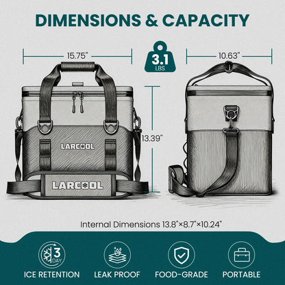 LARCOOL Ultra -Tough 24 Can Soft Cooler Bag | Insulated Waterproof Portable Ice Chest with Adjustable Strap | Large Leak-Proof Lunch Coolers Box for Beach | Travel | Camping | Car | Hiking