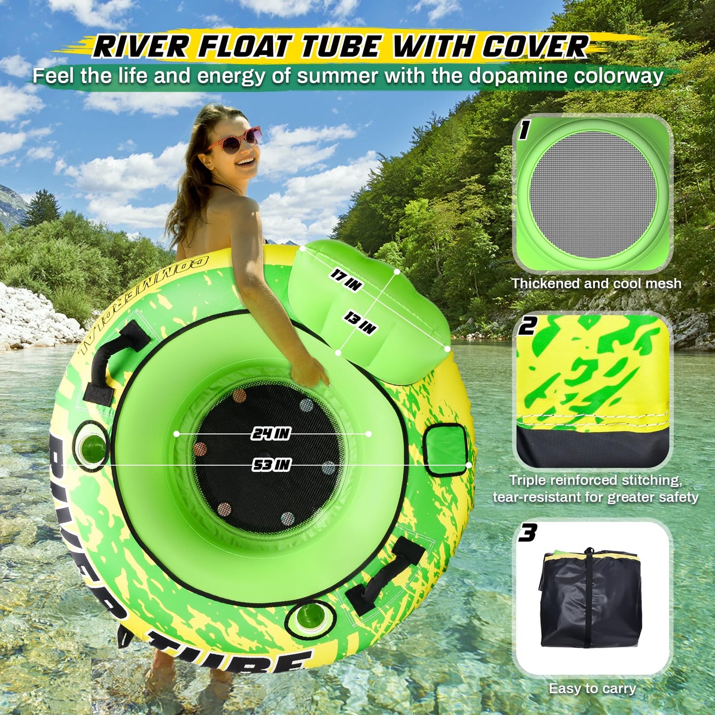 53" Heavy Duty River Tube for Floating with Canvas Cover, 2 Pack Tubing Floats for Lake Pool, Inflatable Water Tube for Floating with Cup Holder Handle Headrest, River Raft Carry 600lb of Adults
