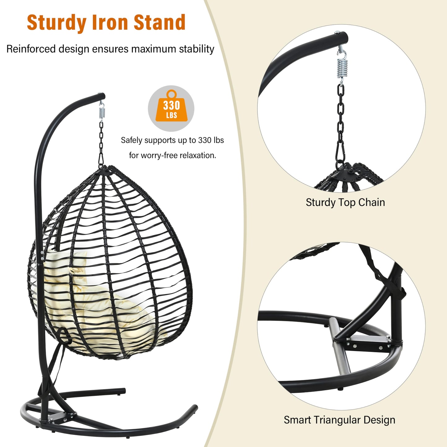 Merax Indoor Outdoor Hanging Hammock Chair with Stand, Foldable Rattan Egg Swing Chair with Iron Frame and Plush Cushion & Removable Headrest,Suitable for Porch Garden,Balcony,Indoor, Black+Beige