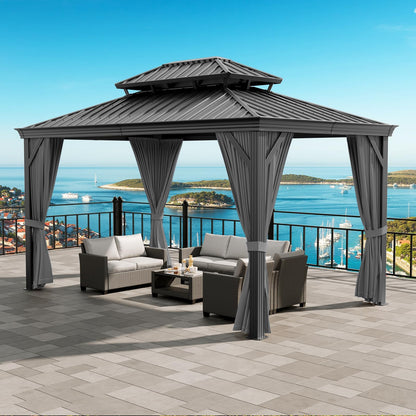 IDEALHOUSE Heavy Duty Aluminum Hardtop Gazebo with Double Roof, Mosquito Netting & Privacy Curtains, Weather-Resistant Outdoor Pavilion for Patio, Garden, Deck, or Backyard, Reinforced Frame, Black