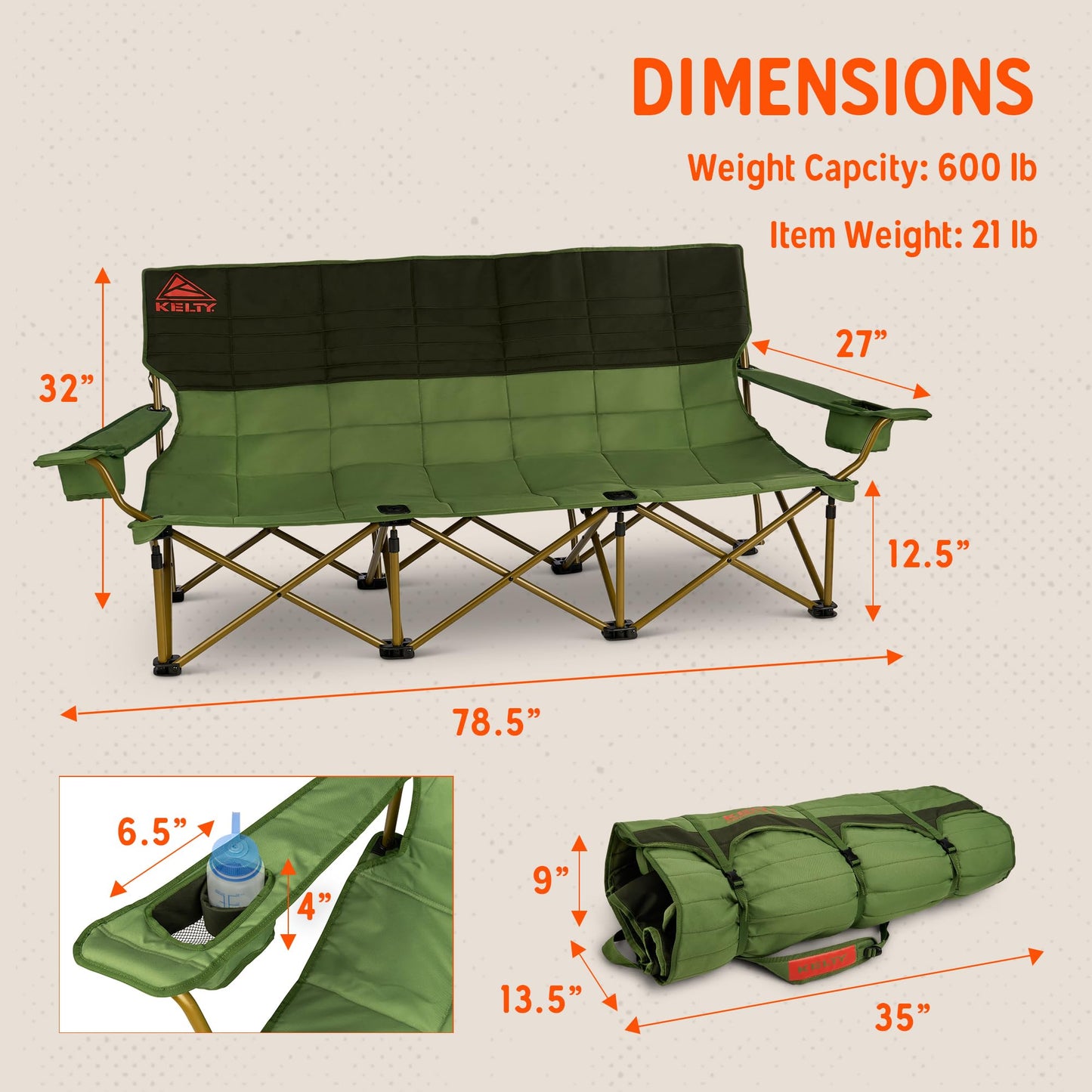 Kelty Lowdown Couch - 3 Person Capacity Camping Chair, Extra Large and Sturdy Bench for Campsites, Soccer Games, and Backyard Parties, 2023 (Dill)