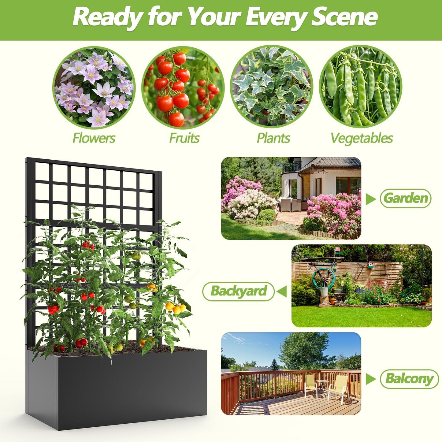 BUKLIYN Metal Planter with Trellis - Trellis with Planter Box & Privacy Screen, Outdoor Raised Garden Bed for Climbing Plants(63"x31.5"x16")