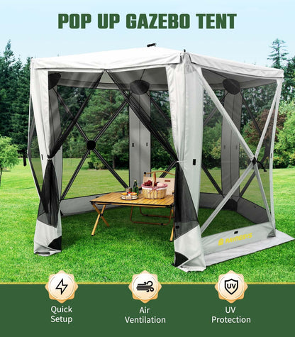 Raynesys 6 Sided Pop Up Gazebo Tent, Camping Screen Tent for 6-8 Person Foldable, Pop-Up Canopy Shelter with Mesh Windows, UV Resistant, Quick Set, Outdoor Gazebo with 6 Removable Wind Cloths, Gray