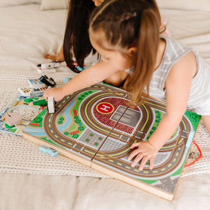 Melissa & Doug 18-Piece Wooden Take-Along Tabletop Town, 4 Rescue Vehicles, Play Pieces, Bridge