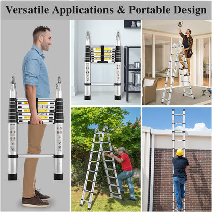 A-Frame Aluminum Telescopic Extension Ladder with Non-Slip Feet, 16.5FT Rv Telescope Foldable Extendable Compact Ladders for House Roof Travel Trailers, Adjustable Retractable, 330lbs Capacity