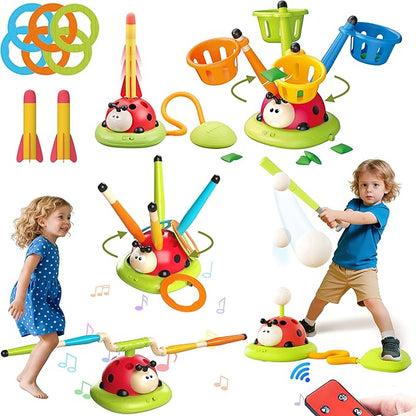 5 in 1 Musical Jump Bean Bag Toss Ring Game Baseball Toys and Stomping Launch Rocket Launcher for Kids Remote Control Indoor Outdoor Sports Toys for Kids Ages 4-8 3-5 Birthday Easter Gifts