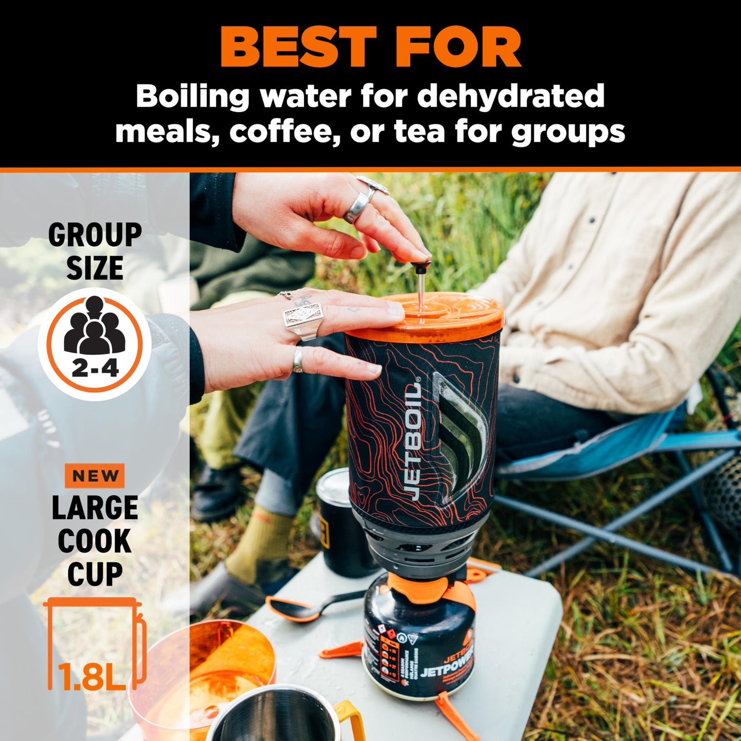 Jetboil Flash Java 1.8L Portable Fast Boil Stove and Coffee Press for Camping and Backpacking, 1-Step Auto Ignition, New for 2026, Propane/Isobutane Burner, Orange Topo