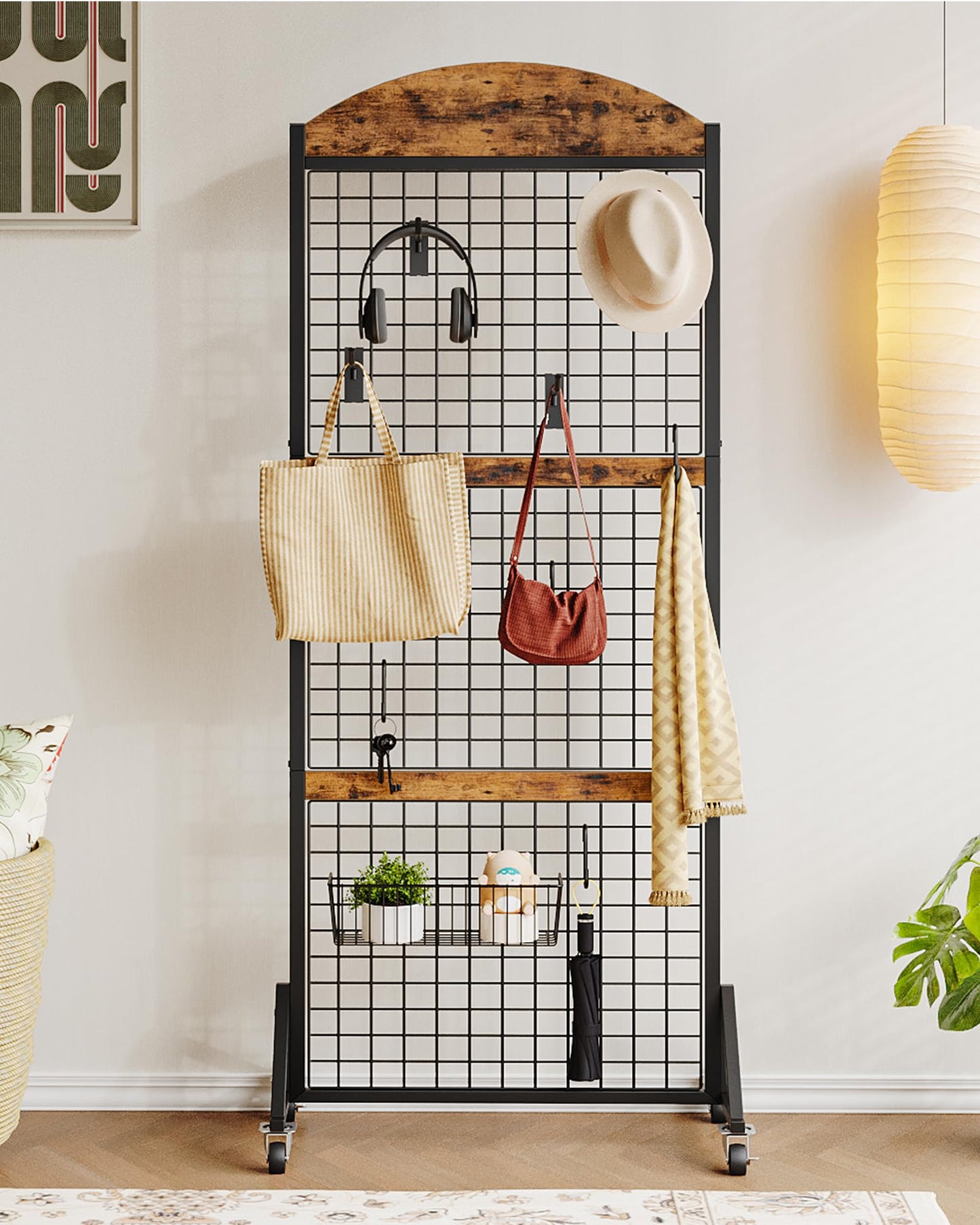 CHOEZON Grid Wall Panel 5.7' x 2' FT Grid Display Rack, 2 Pack Movable Gridwall Display Stand with 8 S-Shaped Hooks and 8 Garment Hooks, Floorstanding Wire Grid Rack, Rustic Brown and Black TCJ17P2BF