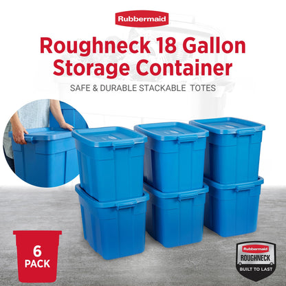 Rubbermaid Roughneck Tote 18 Gal, 6 Pack, Made in USA, Heritage Blue, Rugged Plastic Stackable Storage Bins with Lids and Handles