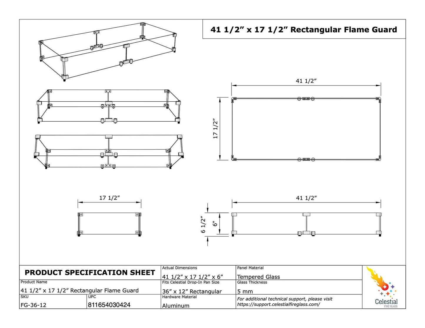 Celestial 41.25" x 17" x 6" Wind Guard, fits Celestial 36” x 12” Fire Pit Burner Pan for Gas Fire Pits