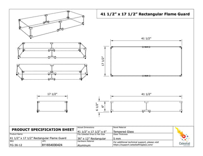 Celestial 41.25" x 17" x 6" Wind Guard, fits Celestial 36” x 12” Fire Pit Burner Pan for Gas Fire Pits