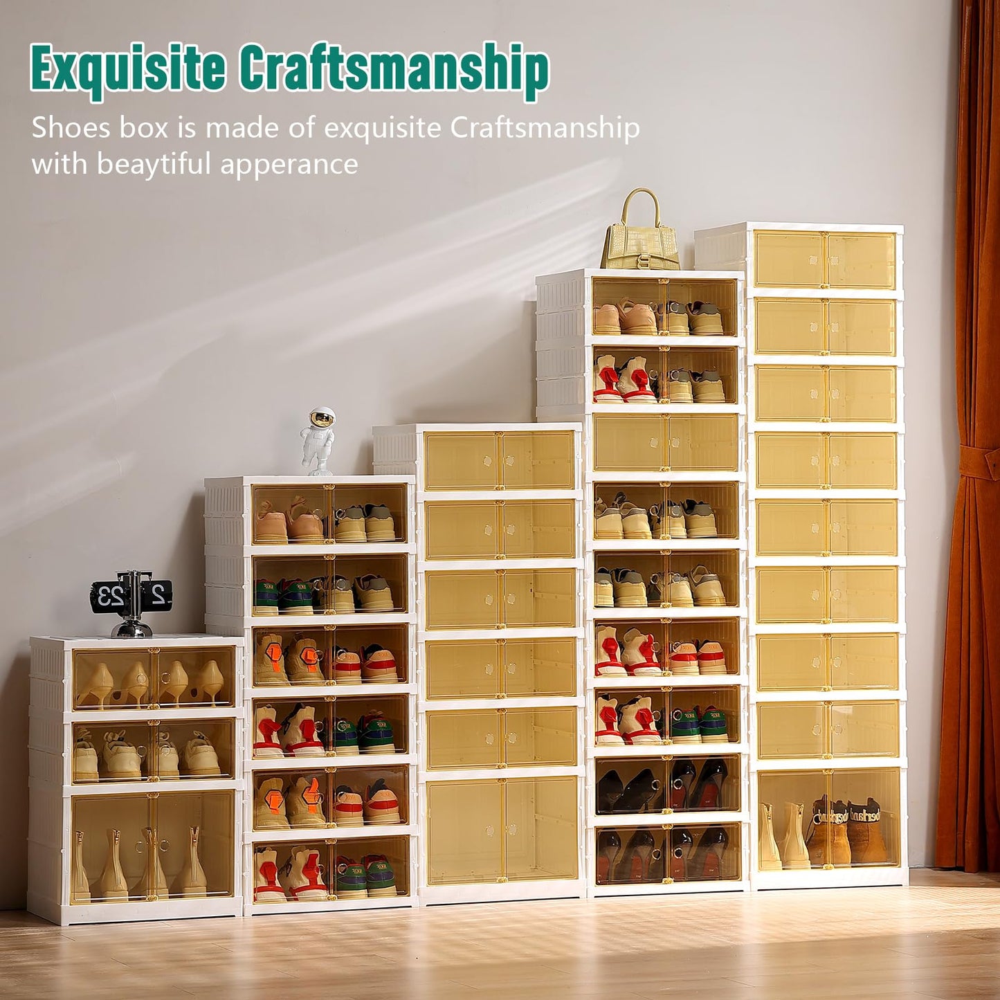 Beeveer 8-Tier Foldable Shoes Rack Organizer Clear Plastic Shoes Rack for Closet Shelf Collapsible Large Storage Box Stackable Easy Assembly Shoe Cabinet with Lids and Door(for 32 Pairs)