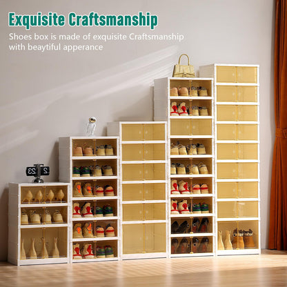 Beeveer 8-Tier Foldable Shoes Rack Organizer Clear Plastic Shoes Rack for Closet Shelf Collapsible Large Storage Box Stackable Easy Assembly Shoe Cabinet with Lids and Door(for 32 Pairs)