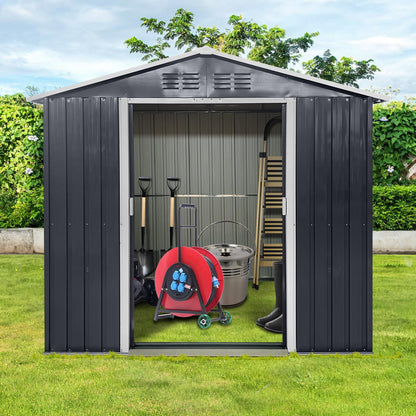 YOPTO 7x4.3 FT Metal Garden Sheds with Window,Outdoor Heavy-Duty Steel Storager Tool Shed W/Sliding Door and Punched Vents,Waterproof Building Organizer for Storing Motorcycle,Bicycles,Grey