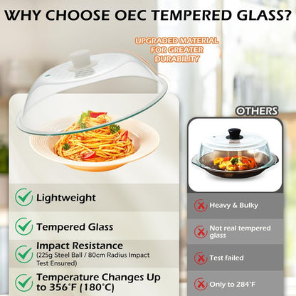 OEC Lighter Weight Tempered Glass Microwave Splatter Cover - 11.5 inch (Inner Diameter 10.6”) - Heat-Resistant -Durable Glass Lid with Vent, Silicone Knob, Dishwasher Safe, 100% Food Grade - BPA Free