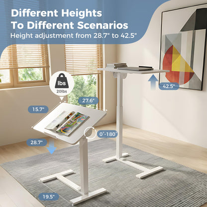HAPPYMONT Adjustable Overbed Bedside Table with Hidden Wheels, Mobile Standing Desk with Pneumatic Lift, Portable Computer Workstation Cart for Bed, Couch, Office, Sofa, White