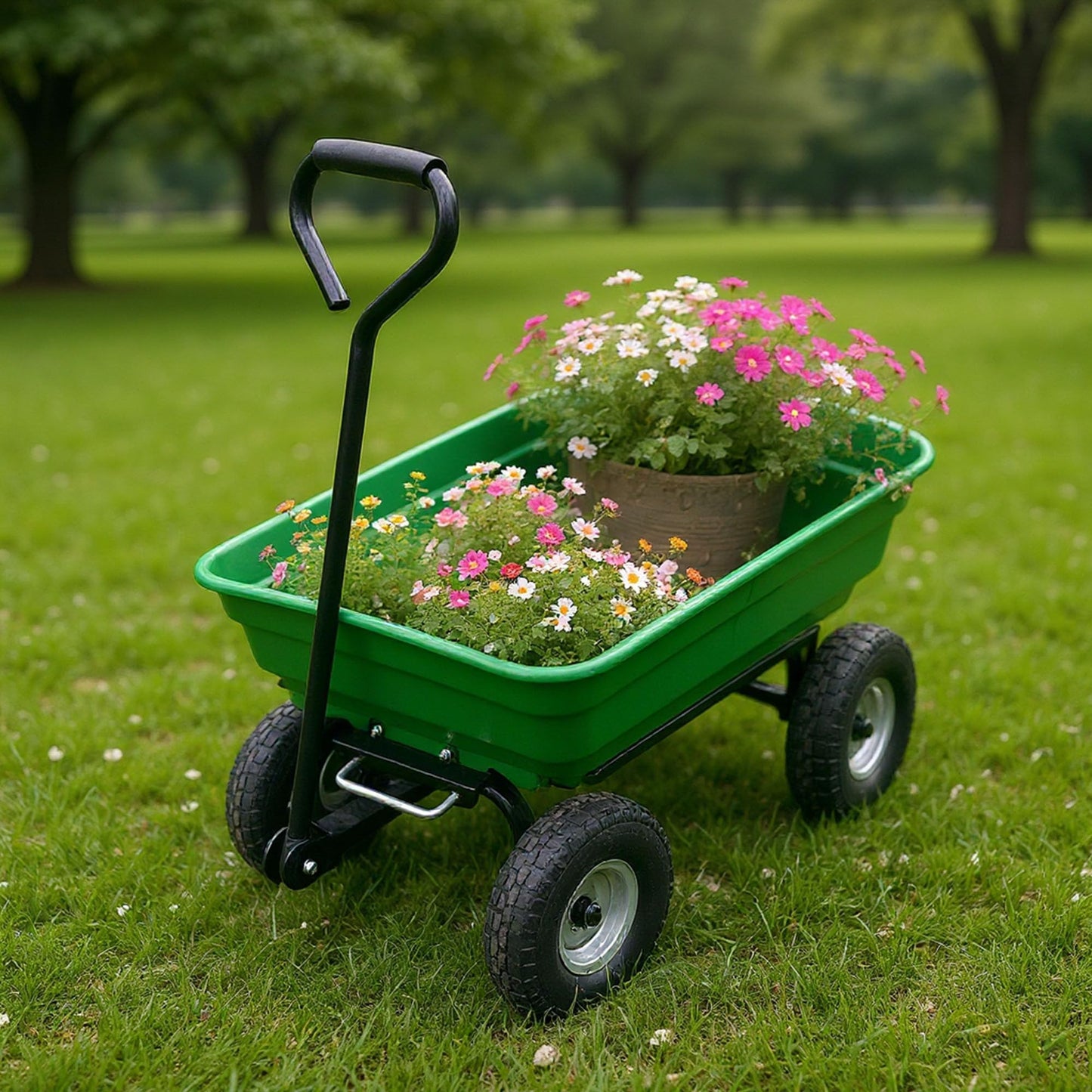 GarveeTech Heavy Duty Utility Wheelbarrow Cart 4 Wheel Garden Wagon with Dump Feature, Foldable D-Handle Steering, Built-in Stand, All-Terrain Rolling Yard Cart for Gardening, Lawn, Landscaping